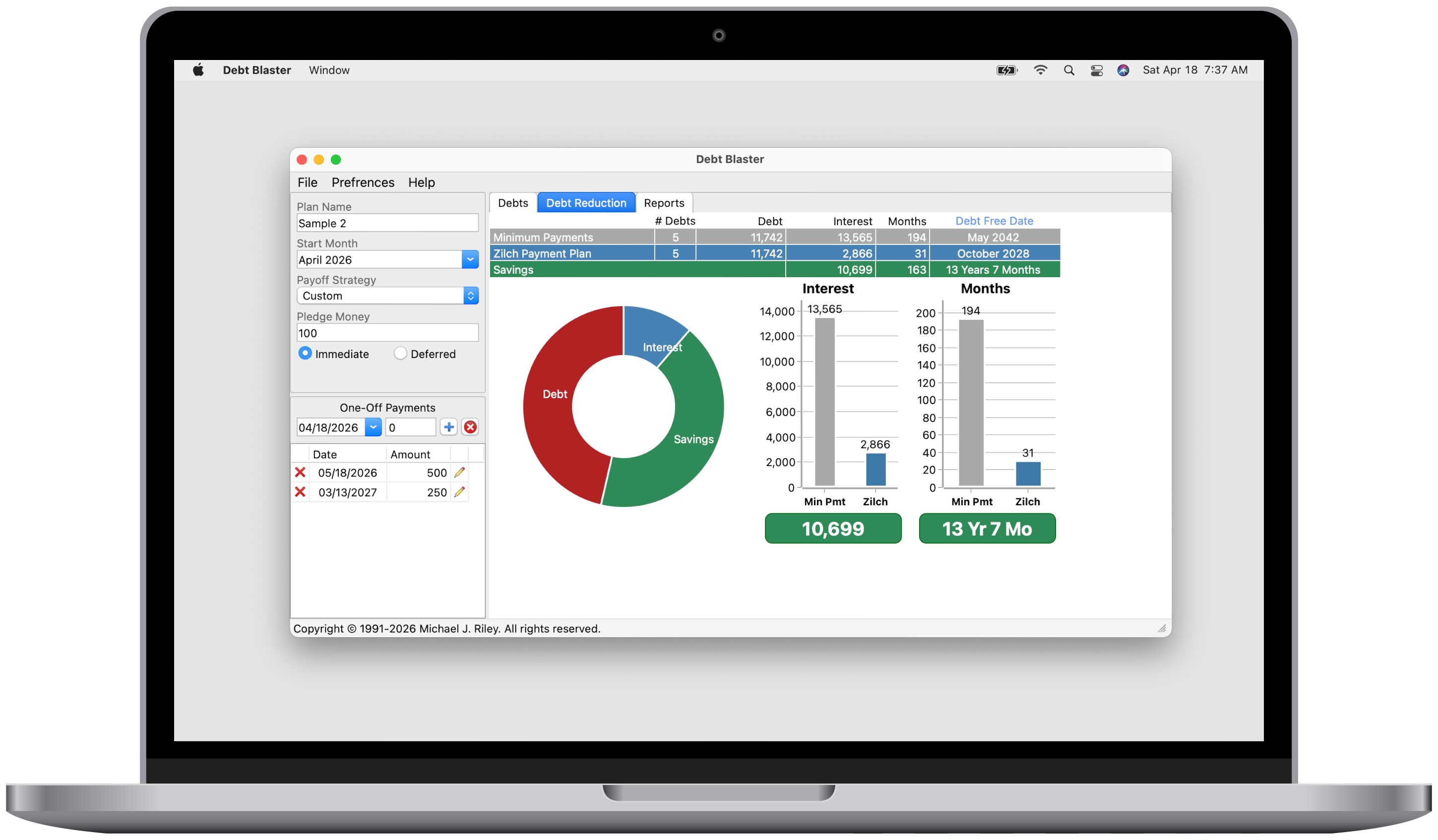 Debt Blaster for Mac showing debt reduction charts and one-off payments